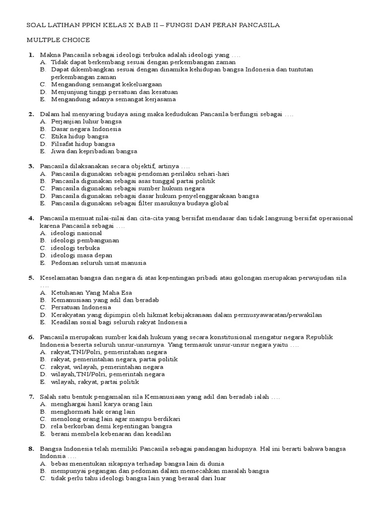 Soal Latihan Ppkn Kelas X Bab Ii Fungsi Dan Peran Pancasila