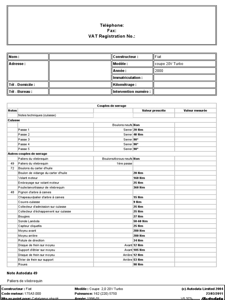 Couple De Serrage Volant Moteur 2 0 Tdi 140 Couple-Serrage FIAT | PDF | Machines rotatives | Technologie des véhicules