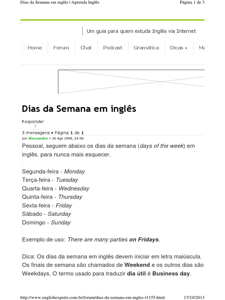 Aprenda os dias da semana em inglês