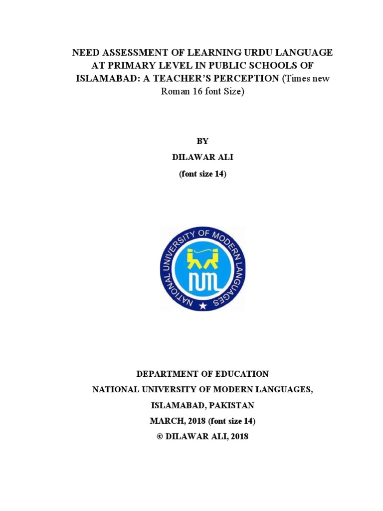 Need Assessment of Learning Urdu Language at Primary Level in Public ...