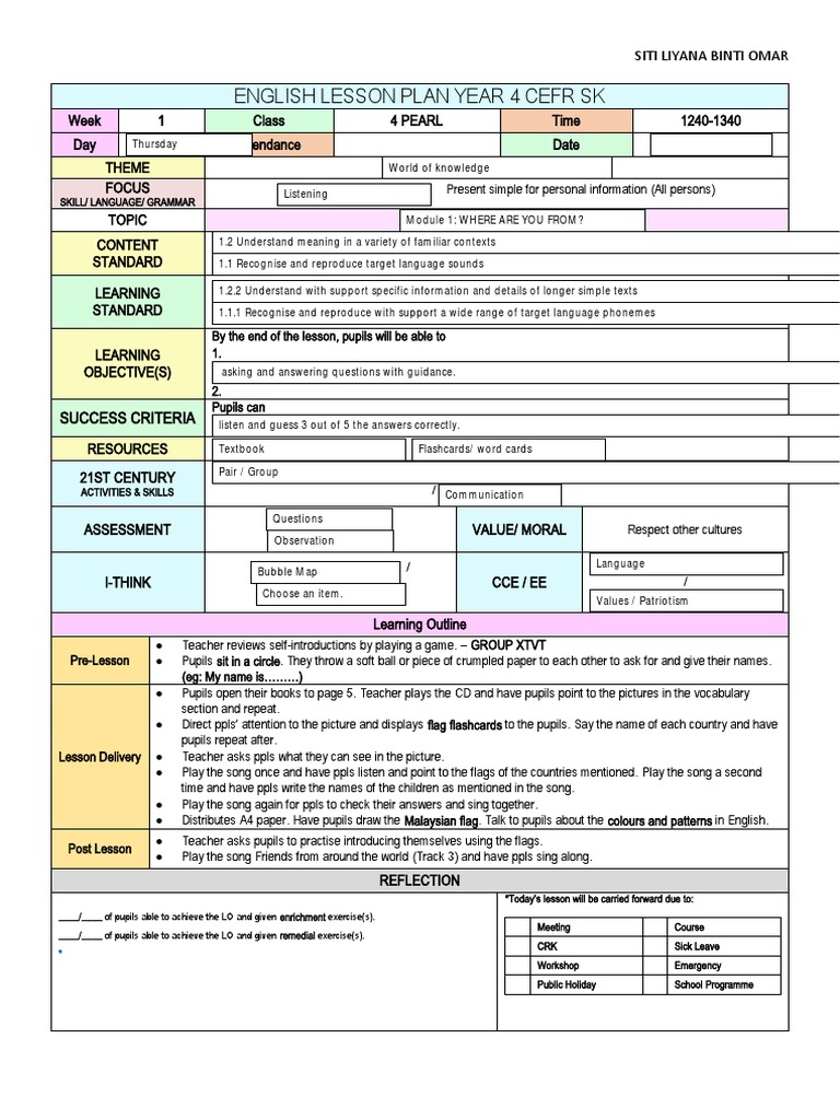 English Lesson Plan Year 4 Cefr SK: Success Criteria | PDF | Lesson ...