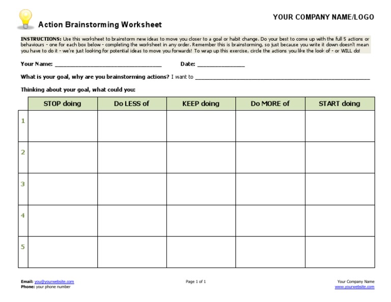 Action Brainstorming Worksheet: STOP Doing Do Less of KEEP Doing Do ...