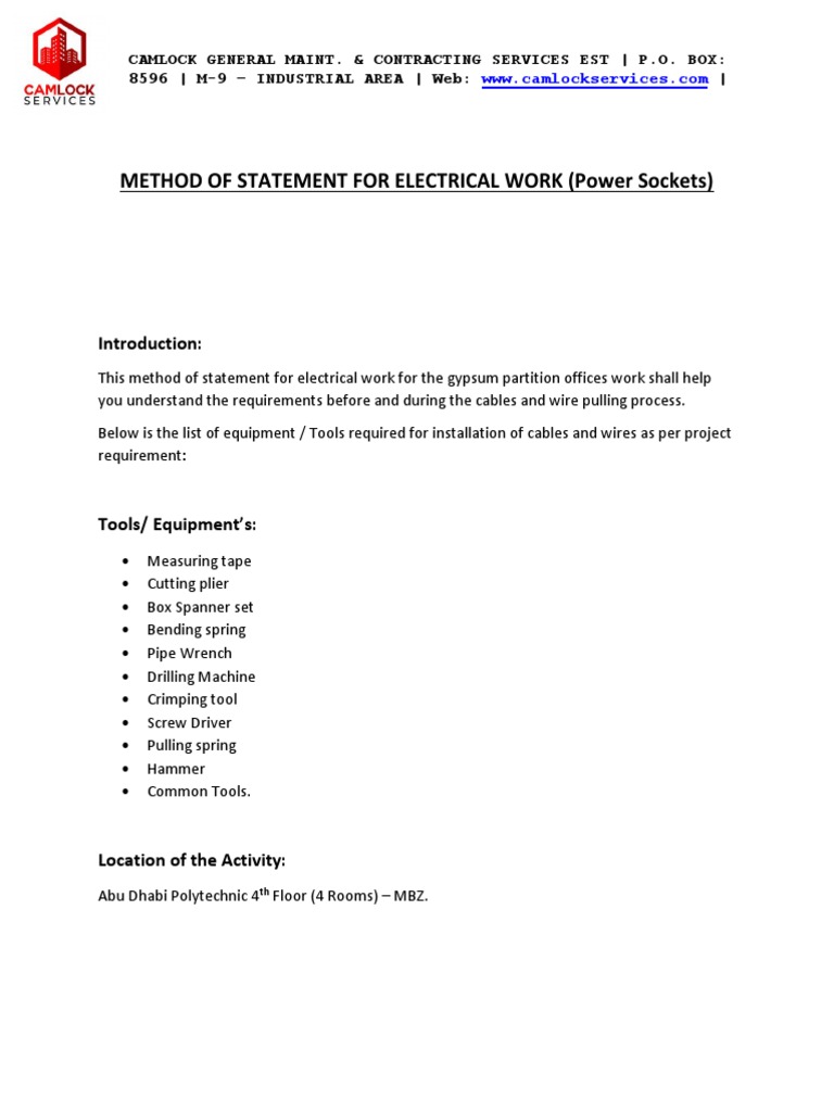 Method of Statement for Electrical Work (Power Sockets) at Abu Dhabi ...
