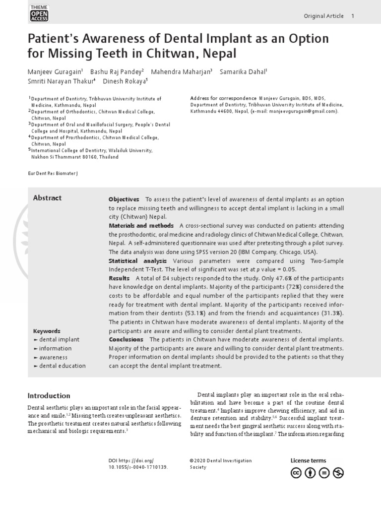 Patient's Awareness of Dental Implant As An Option For Missing Teeth in Chitwan, Nepal PDF PDF