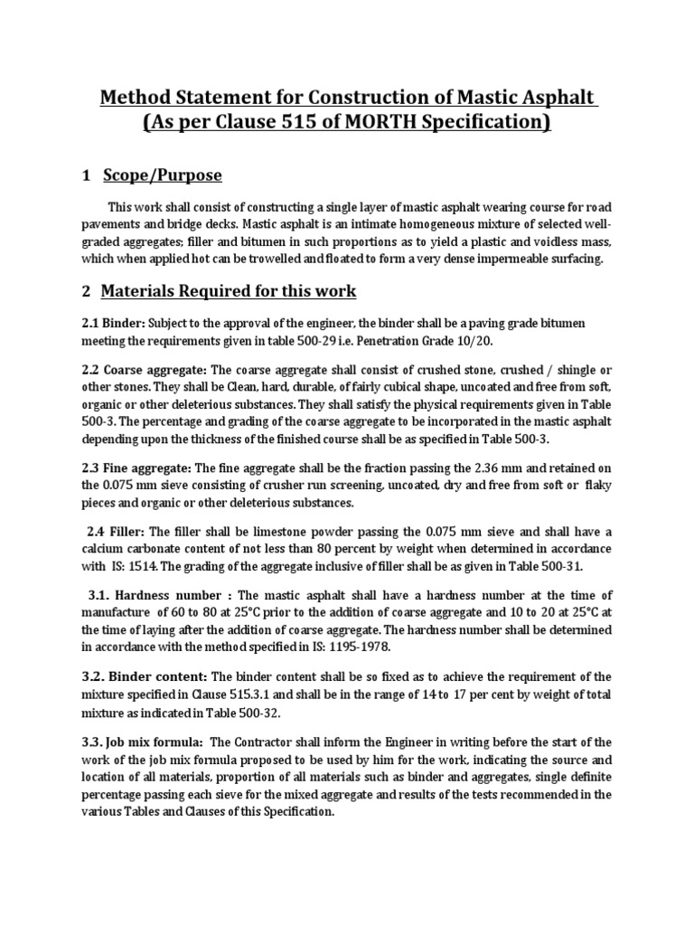 Method Statement For Construction of Mastic Asphalt (As Per Clause 515
