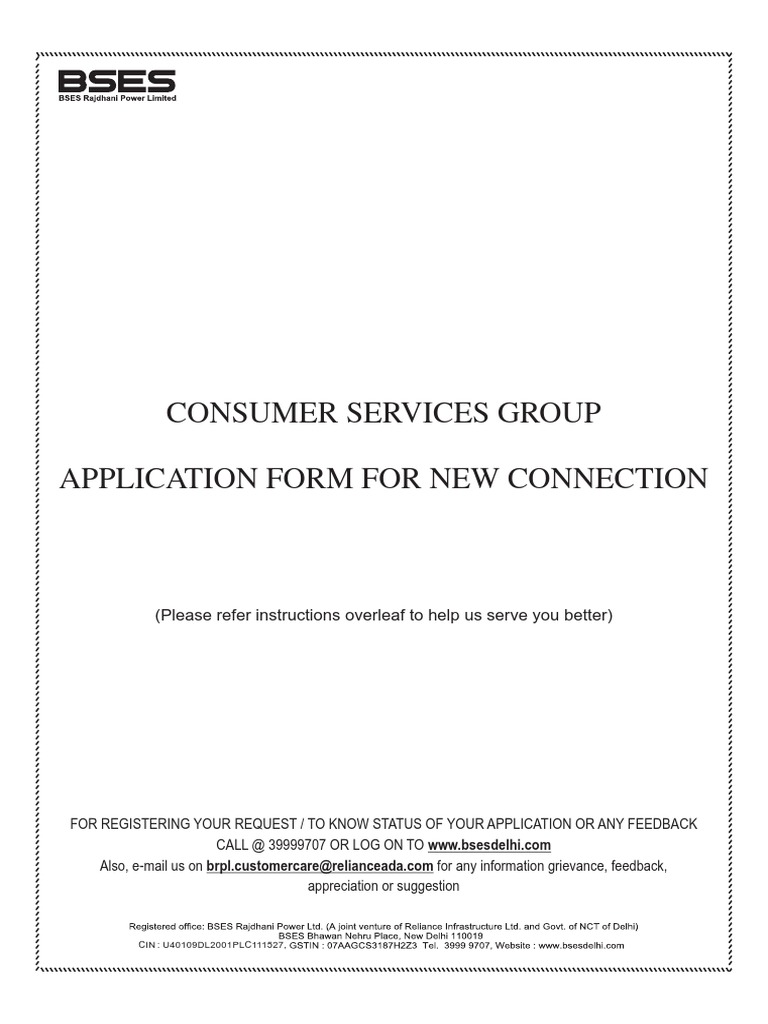Consumer Services Group Application Form For New Connection | PDF ...