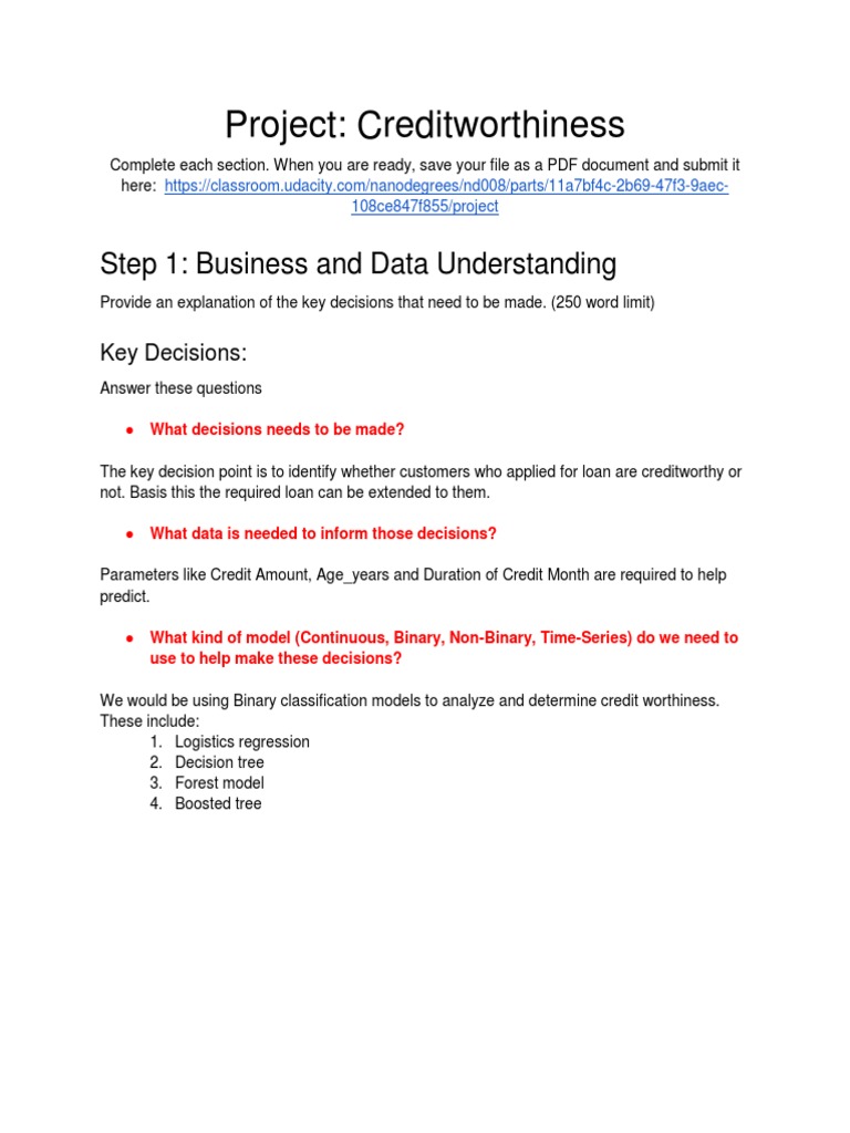 Project Creditworthiness Step 1 Business and Data Understanding