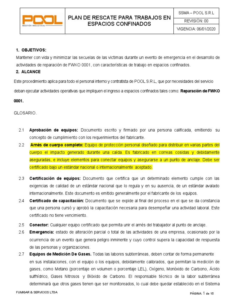 Plan de Rescate Espacio Confinado PDF Oxígeno Hospital