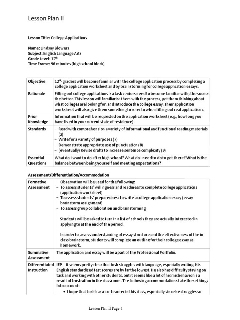 Colleges and Careers Lesson Plan II Lesson Plan Brainstorming