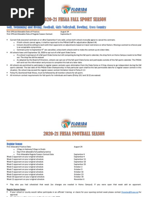 2020-21 FHSAA Fall Sports Season Calendar Information