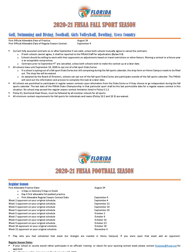 2020-21 FHSAA Fall Sports Season Calendar Information | PDF | Sports |  Board Of Directors