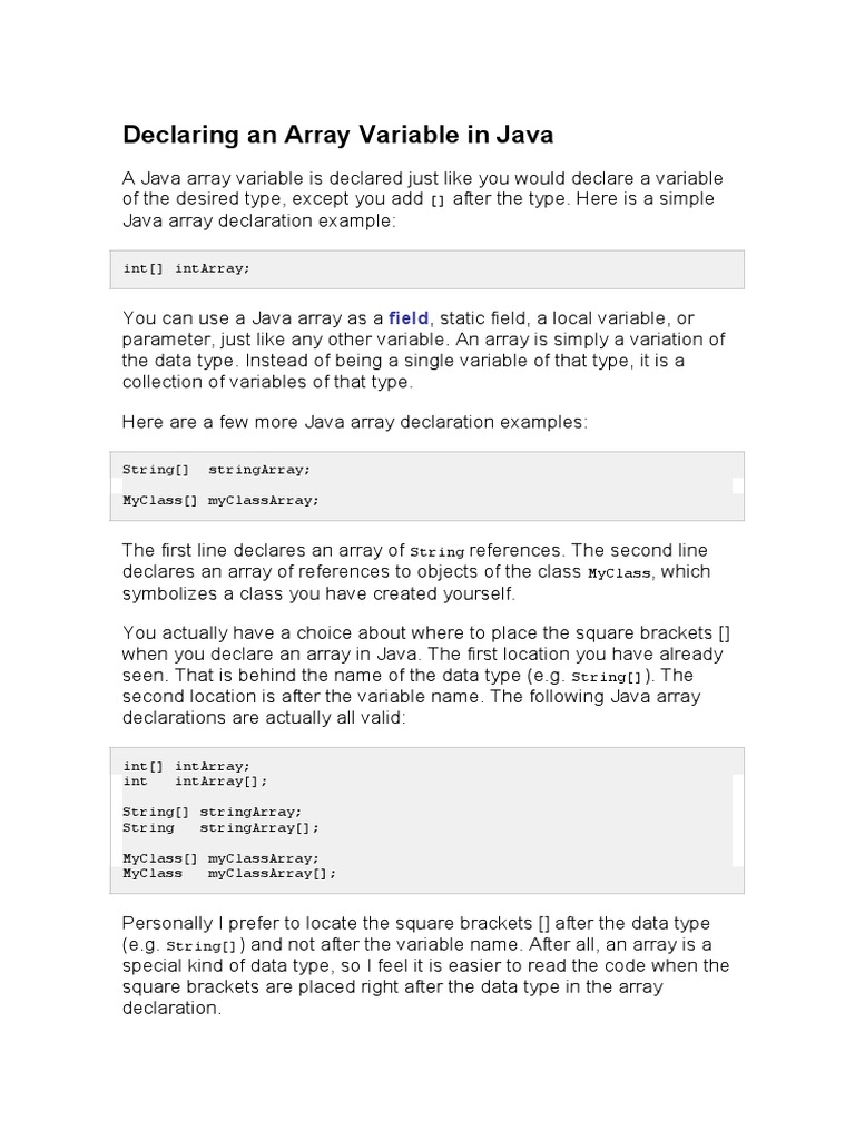 Declaring An Array Variable in Java | Download Free PDF | Array Data ...