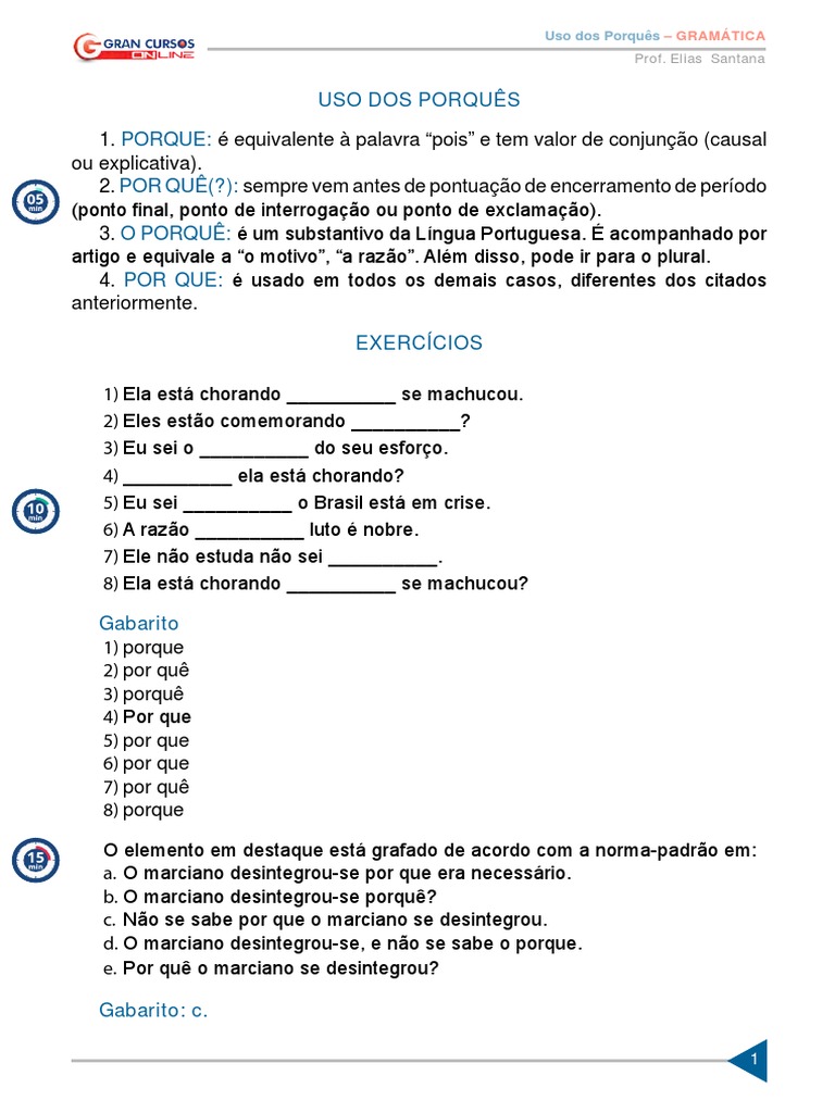 Exercícios sobre o Uso dos Porquês | PDF | Gramática | Mecânica da ...