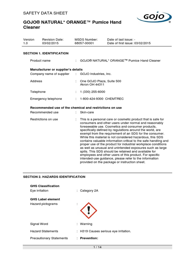 MSDS GOJO NATURAL ORANGE Pumice Hand PDF Toxicity Personal