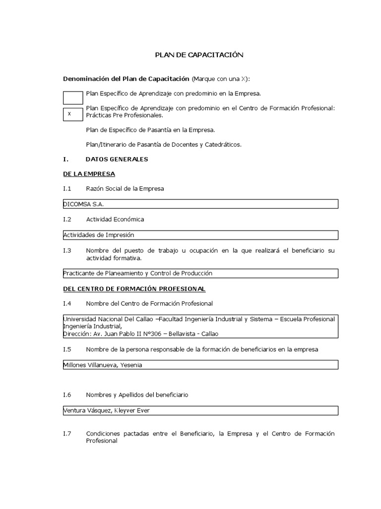Plan de Capacitación para Practicantes | PDF | Planificación | Business