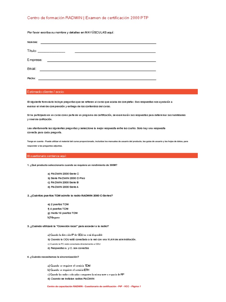 RADWIN Certification Questionnaire PTP QA - VCC - En.es PDF | PDF ...