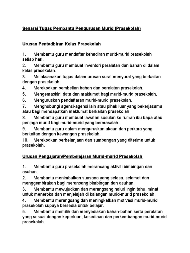 Senarai Tugas Pembantu Pengurusan Murid Pdf