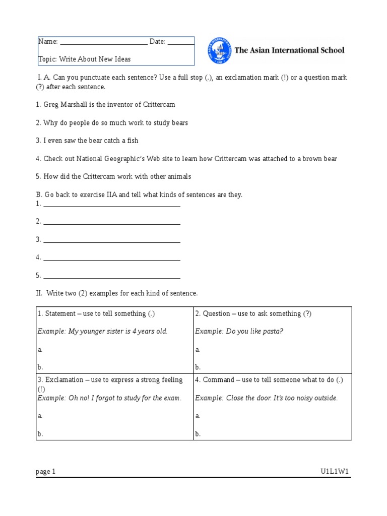 Unit 1 Lesson 1 - Worksheet | PDF | Sentence (Linguistics) | Human ...