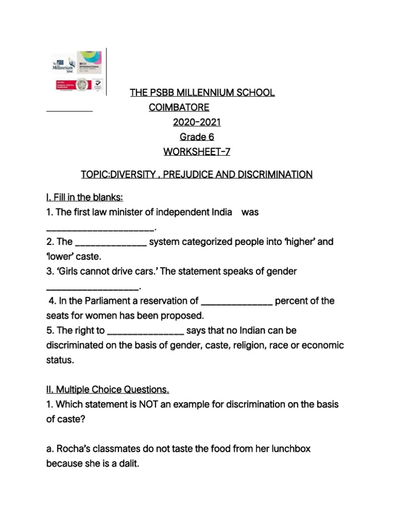 Discrimination Worksheet for Grade 6 | PDF