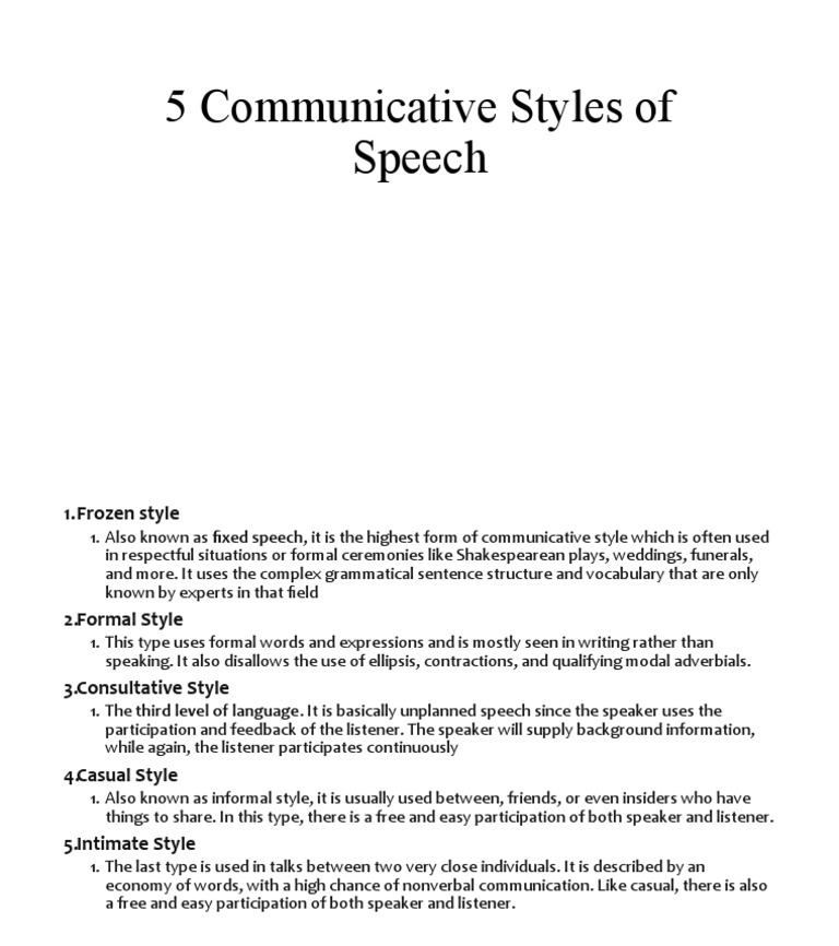 What are the 5 styles of speech?