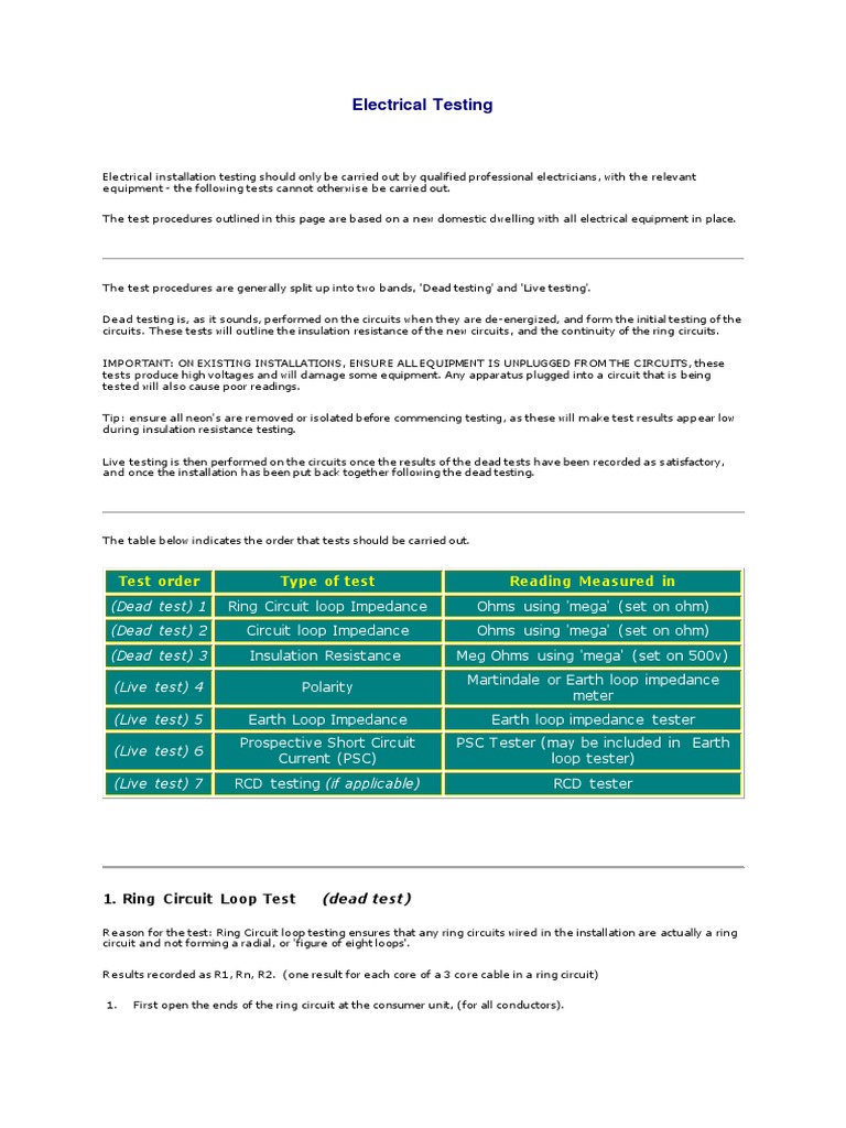 Electrical Dead Testing Sequence Guide | PDF | Wire | Components