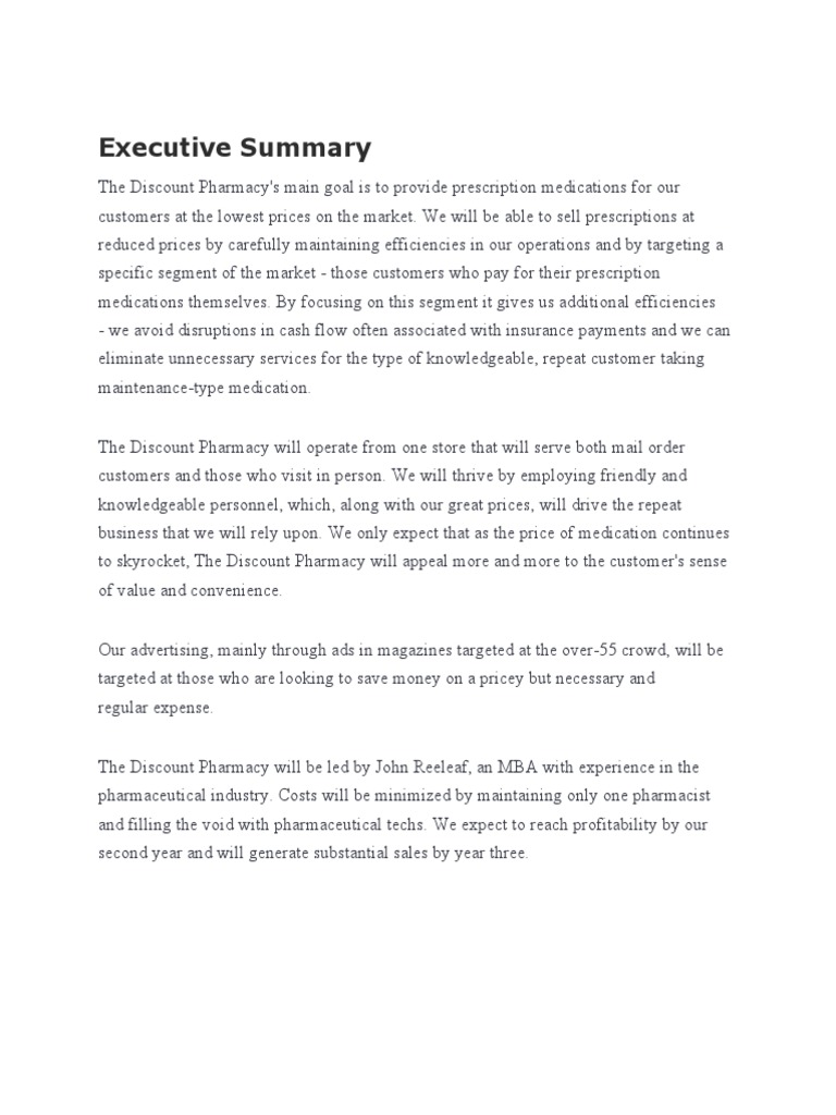 Executive Summary PDF Pharmacy Balance Sheet