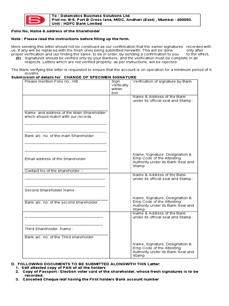 HDFC Bank Signature Change Instructions | PDF | Government Information ...