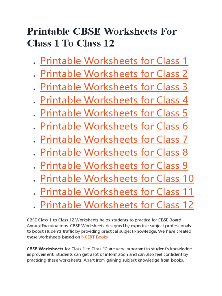Printable CBSE Worksheets For Class 1 To Class 12 PDF Worksheet