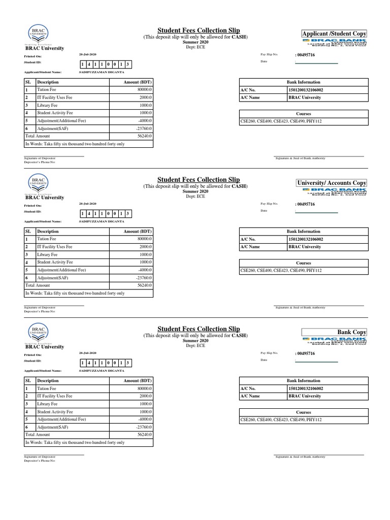 Student Fees Collection Slip (This Deposit Slip Will Only Be Allowed