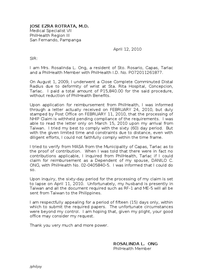 Appeal letter philhealth