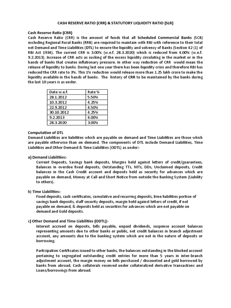 CRR, SLR Requirements Explained PDF Reserve Bank Of India Banks