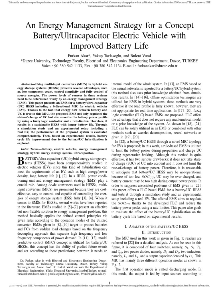 An Energy Management Strategy For A Concept Battery Ultracapacitor Electric Vehicle With
