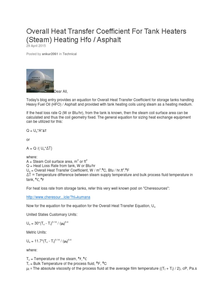 Overall Heat Transfer Coefficient For Tank Heaters | PDF | Teaching ...