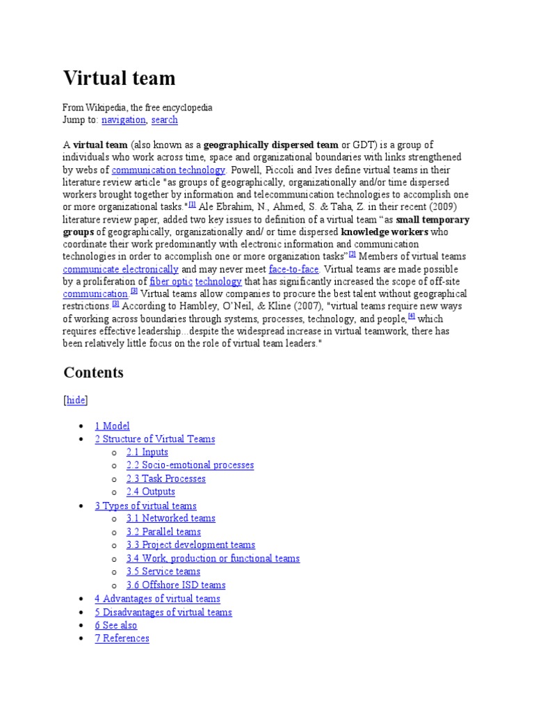 Virtual Team: Groups of Geographically, Organizationally And/ or Time ...