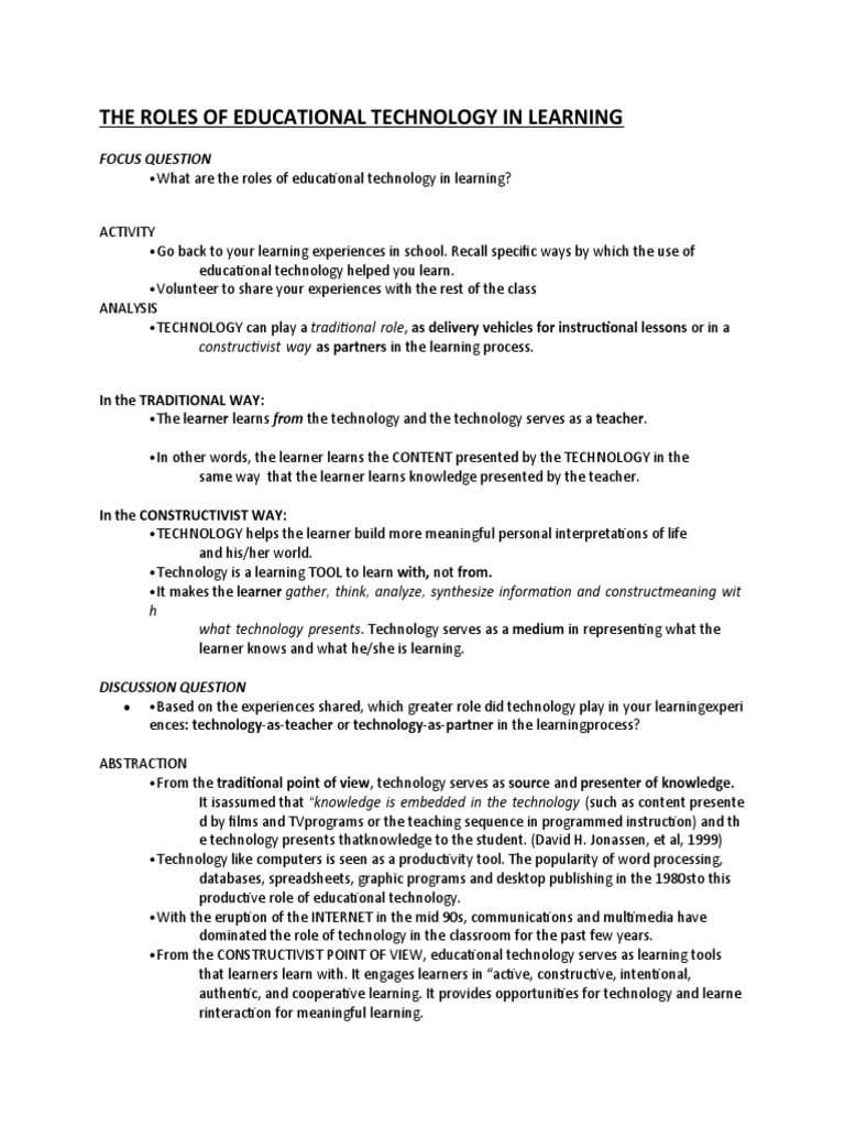 Roles of Technology in Learning | PDF | Educational Technology ...