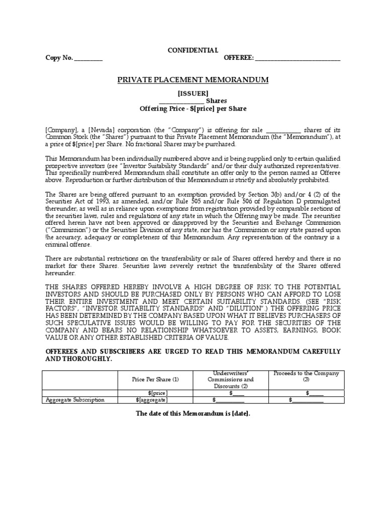 Private Placement Memorandum | PDF | Securities Act Of 1933 ...