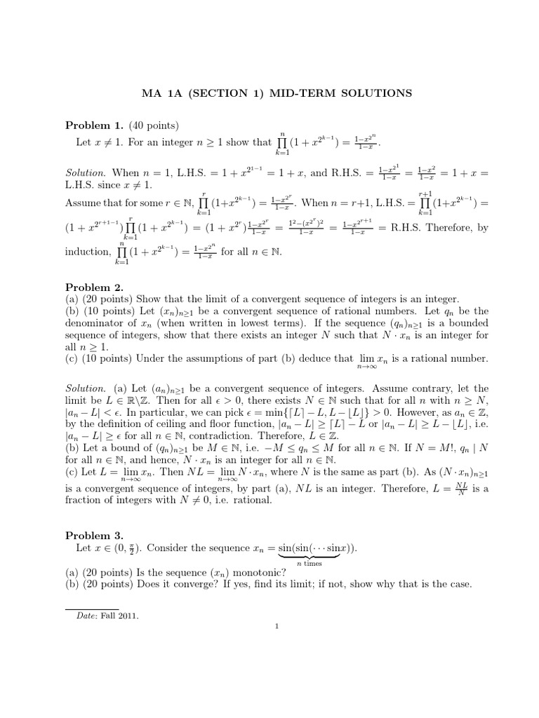 Mid-Term Solutions for MA 1A Section 1 | PDF | Sequence | Complex Analysis