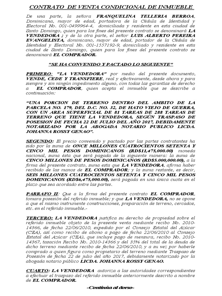 CONTRATO DE VENTA CONDICIONAL DE INMUEBLE FRANQUELINA TELLERIA BERROA