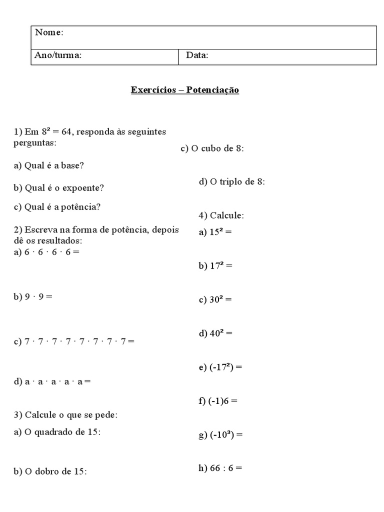 Exercícios de Potenciação 8º Ano | PDF