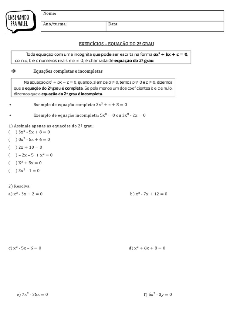 Exercícios de Equação do 2º Grau - 9º Ano | PDF