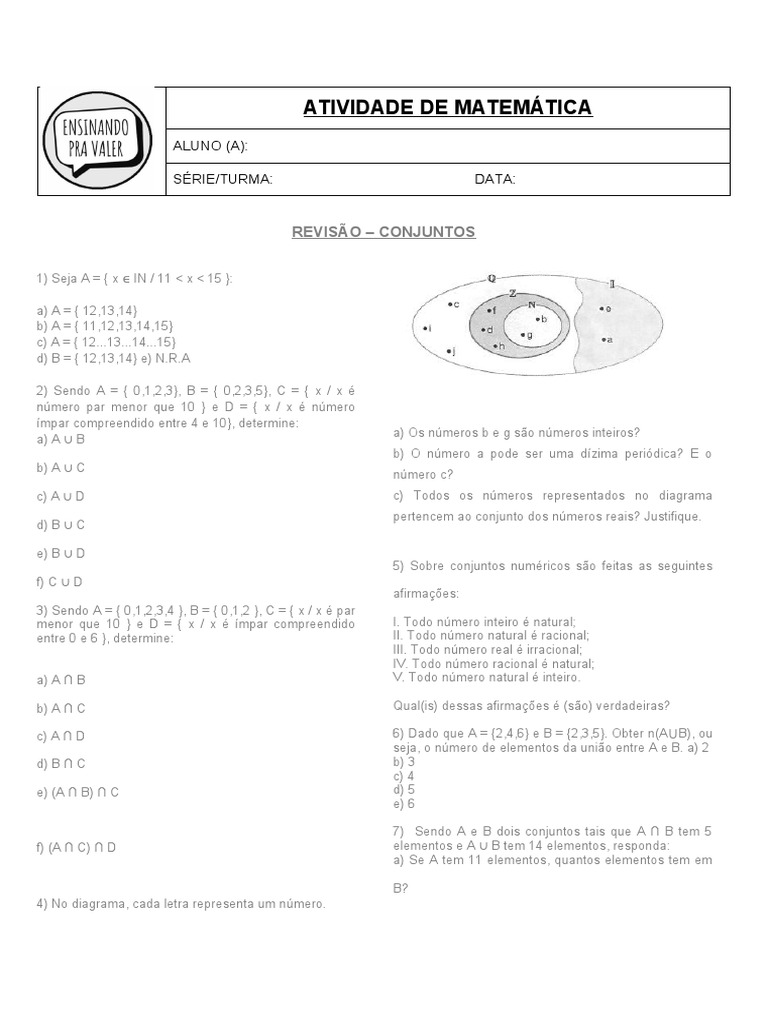 9o Ano - Exercícios - Conjuntos Numéricos - REVISÃO GERAL | PDF ...