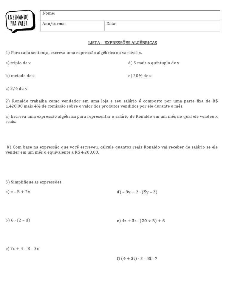 Lista de Exercícios: Expressões Algébricas 7º Ano | PDF