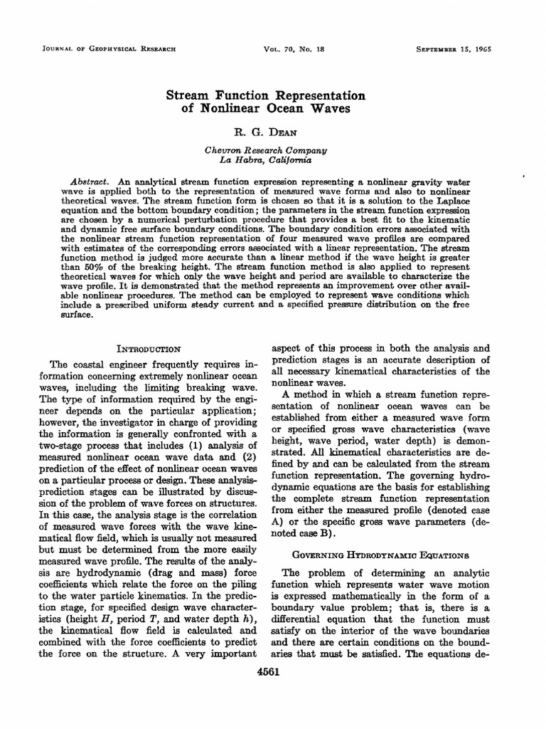 (1965) Stream Function Representation of Nonlinear Ocean Waves | PDF ...
