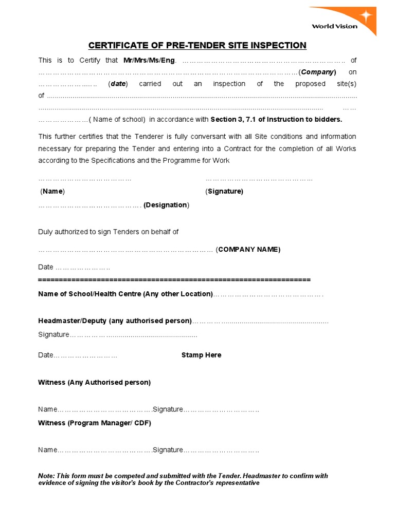 Pre-Tender Site Inspection Certificate | PDF