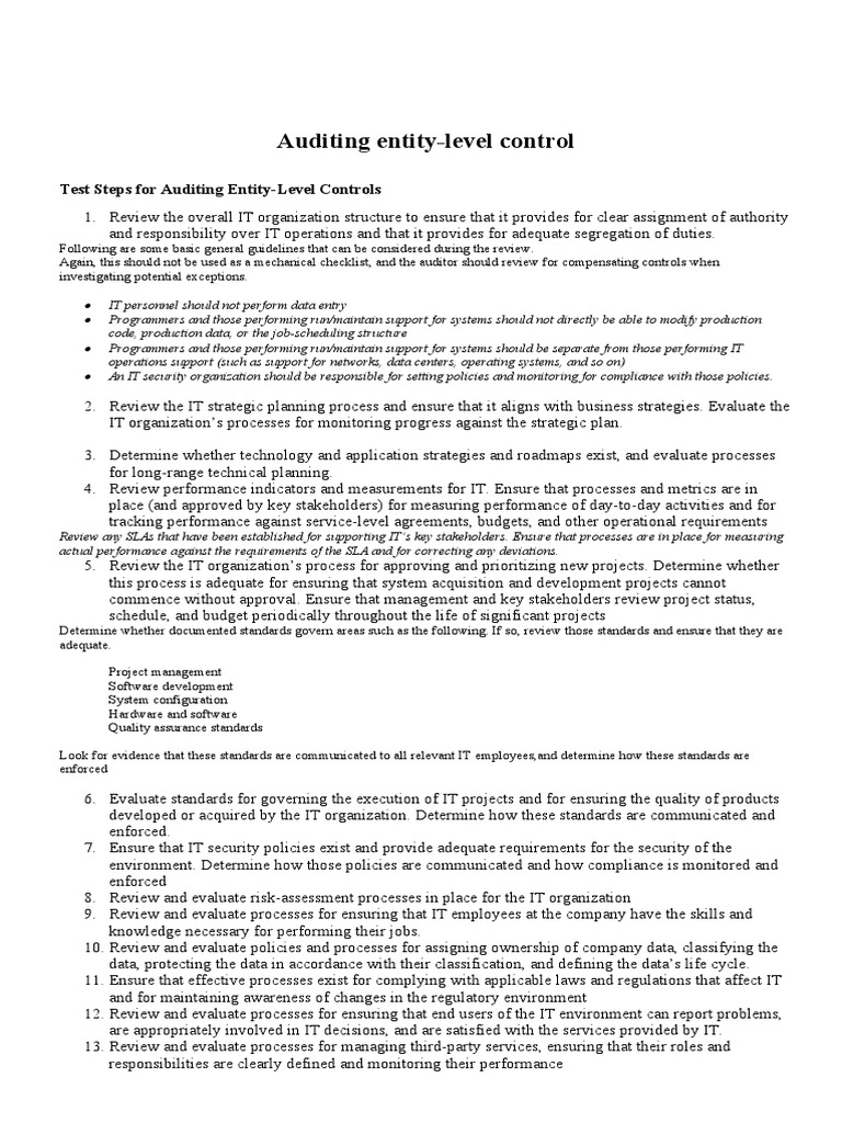 Test Steps For Auditing Entity | PDF | Regulatory Compliance | Service ...
