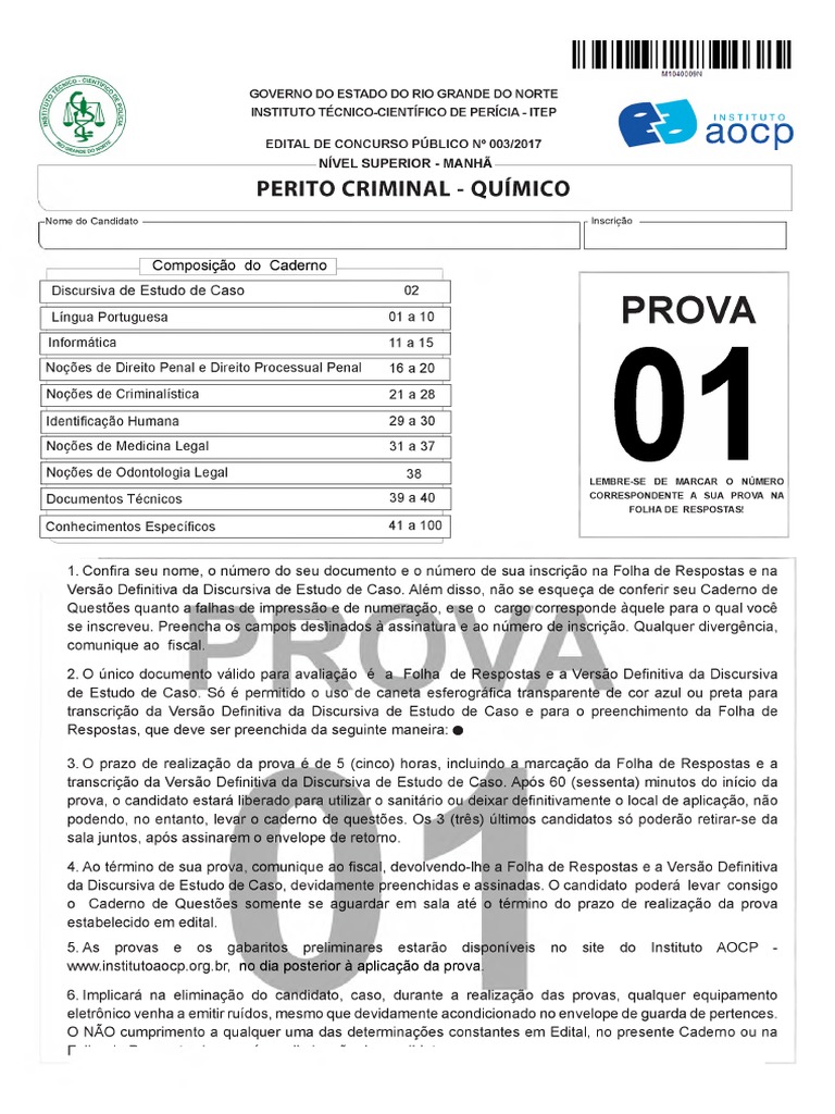 Instituto Aocp 2018 Itep RN Perito Criminal Quimico Prova PDF | PDF ...