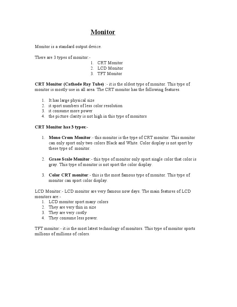 Types of Monitors: CRT, LCD, TFT | PDF | Games & Activities | Computers
