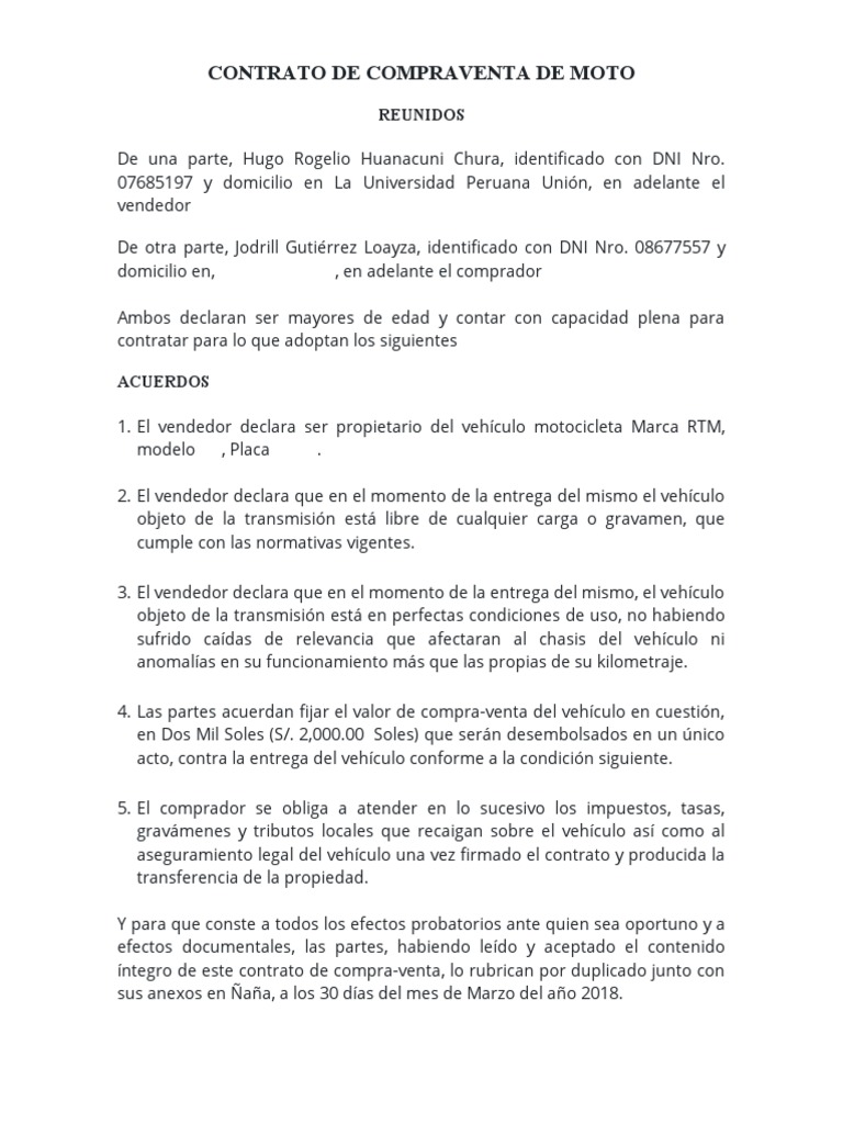 Contrato de Compraventa de Moto | PDF
