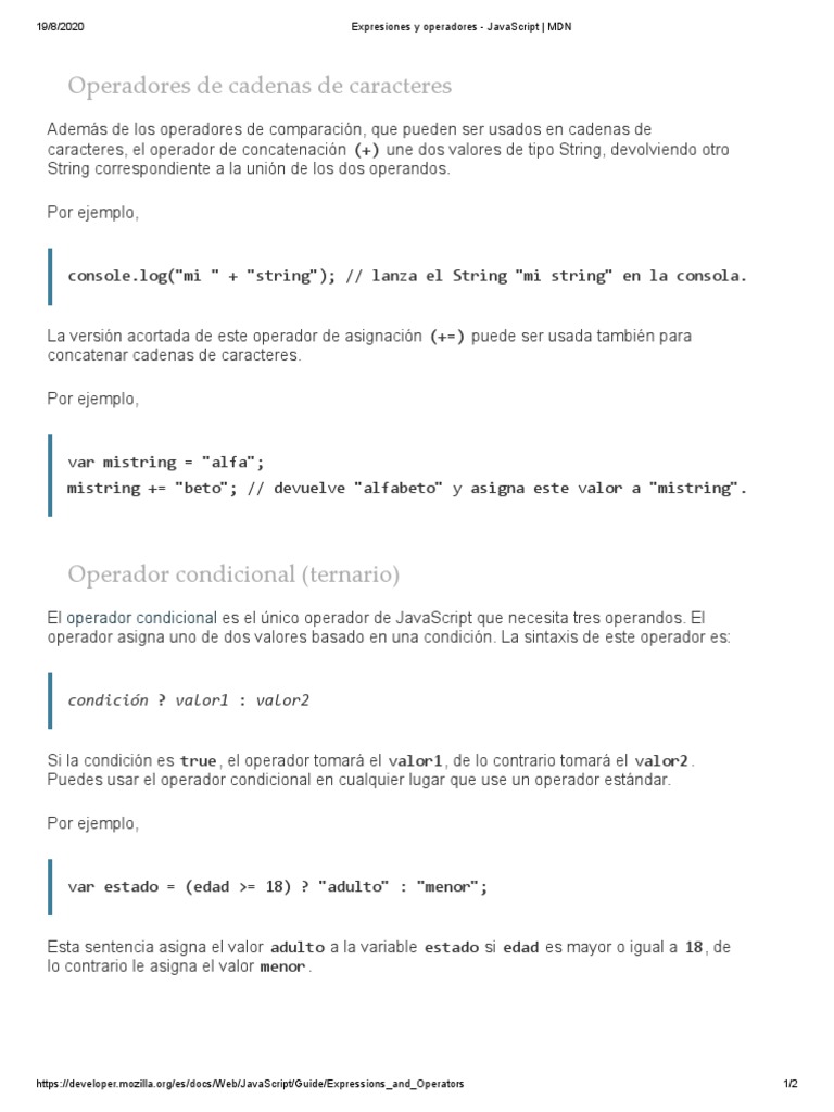 Expresiones y Operadores 2 - JavaScript - MDN | PDF