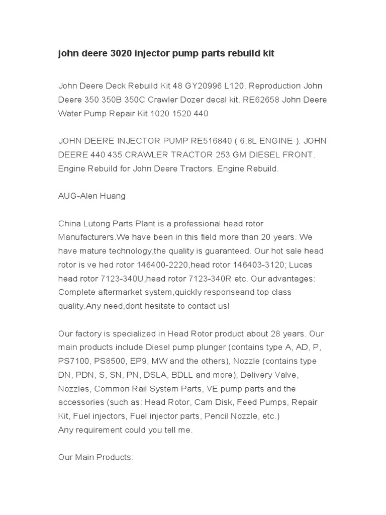 John Deere 3020 Injector Pump Parts Rebuild Kit PDF